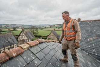 Couvreur professionnel sur un toit en ardoise normand avec vue sur la campagne normande