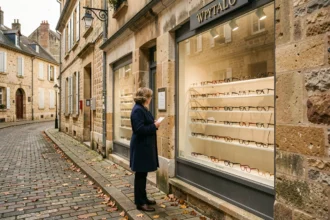 Vitrine d'un opticien dans une rue pavée de Charente, femme regardant des montures exposées en devanture