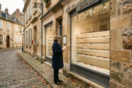 Vitrine d'un opticien dans une rue pavée de Charente, femme regardant des montures exposées en devanture
