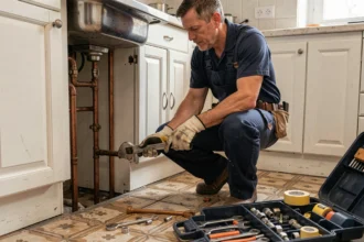 Plombier professionnel travaillant sous un évier dans un appartement parisien, représentant les meilleurs plombiers de Montreuil en 2026