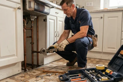 Plombier professionnel travaillant sous un évier dans un appartement parisien, représentant les meilleurs plombiers de Montreuil en 2026