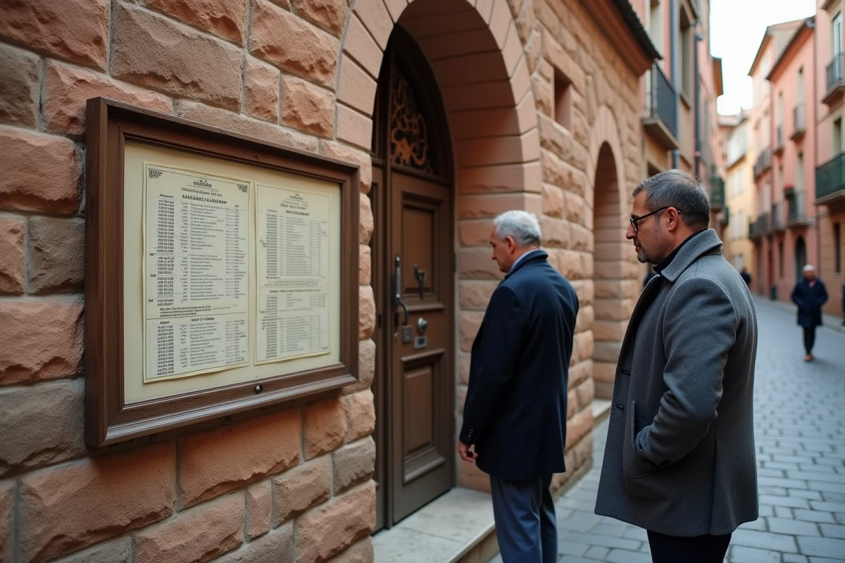 Tableau des horaires de prière affiché à l'entrée d'une mosquée de quartier à Toulouse avec architecture en briques roses