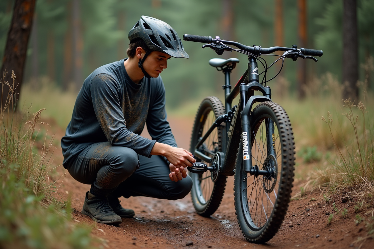 Jeune homme en VTT à l'extérieur vérifiant ses pneus tout-terrain