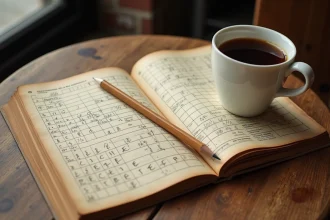 Magazine de mots croisés ouvert avec des noms de villes italiennes écrits au crayon sur une table en bois de café français