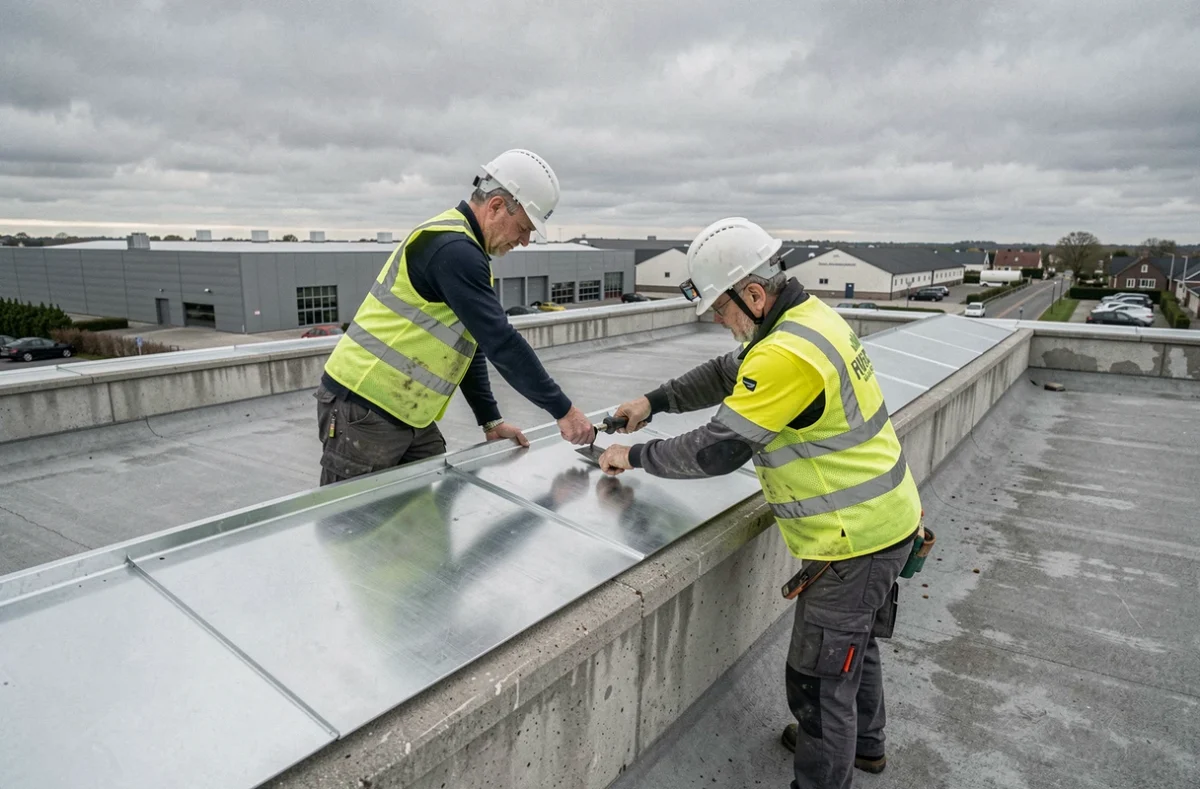 Équipe de Nord France Couverture installant un faîtage en zinc sur un bâtiment commercial