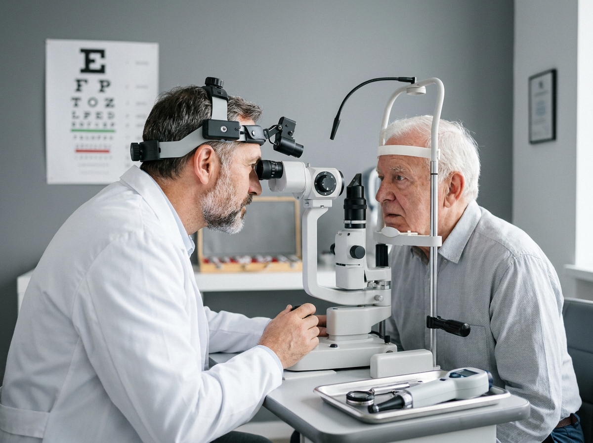 Ophtalmologue examinant les yeux d'un patient âgé lors d'un bilan visuel en cabinet médical