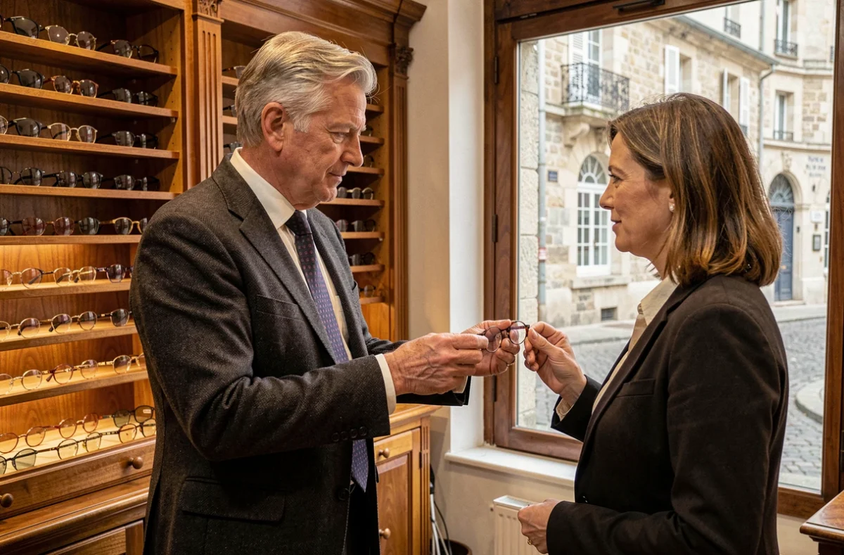 Opticien Roger Angoulême présentant des montures vintage à une cliente dans une boutique traditionnelle avec vue sur la rue angoulêmoise