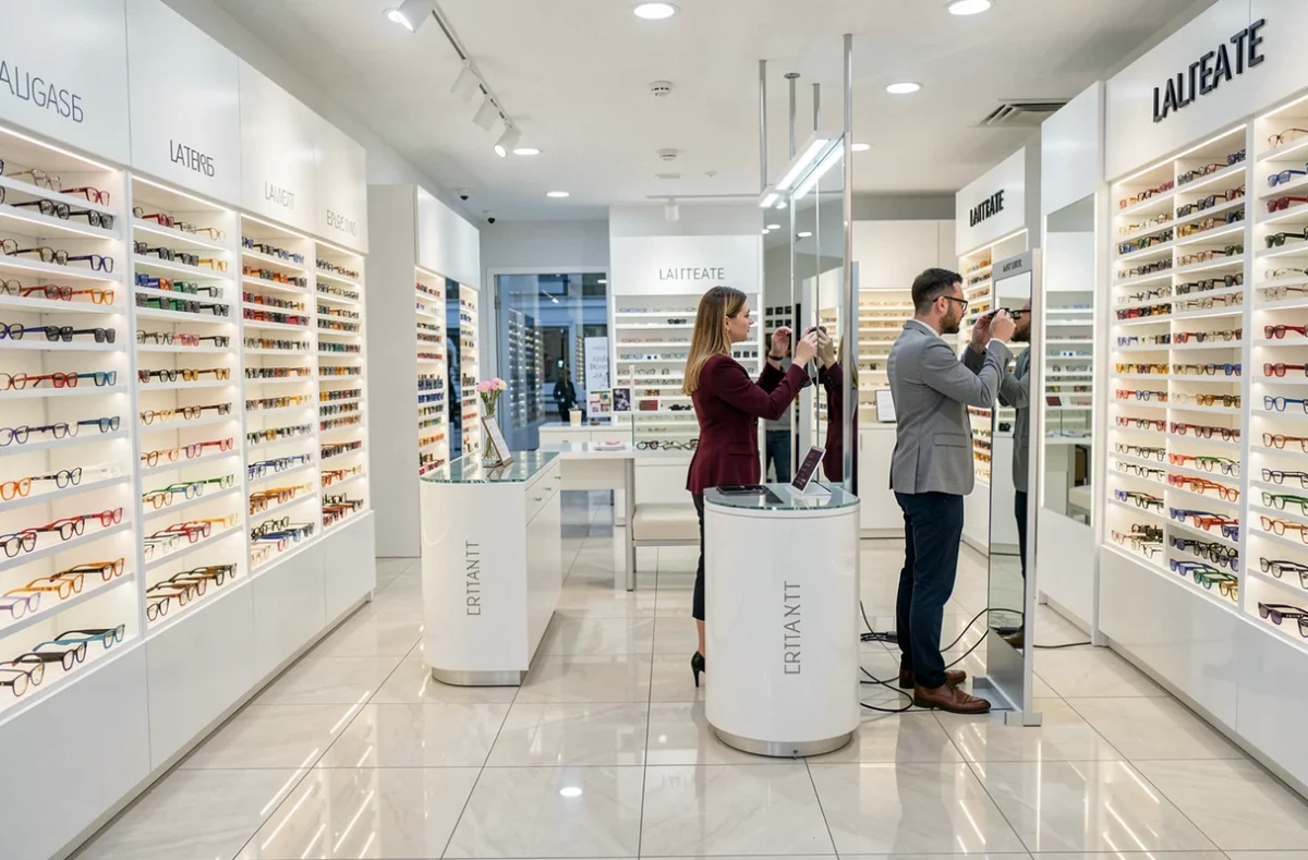 Intérieur spacieux de l'Optique Lafayette avec des rayons de montures de lunettes et une conseillère aidant un client