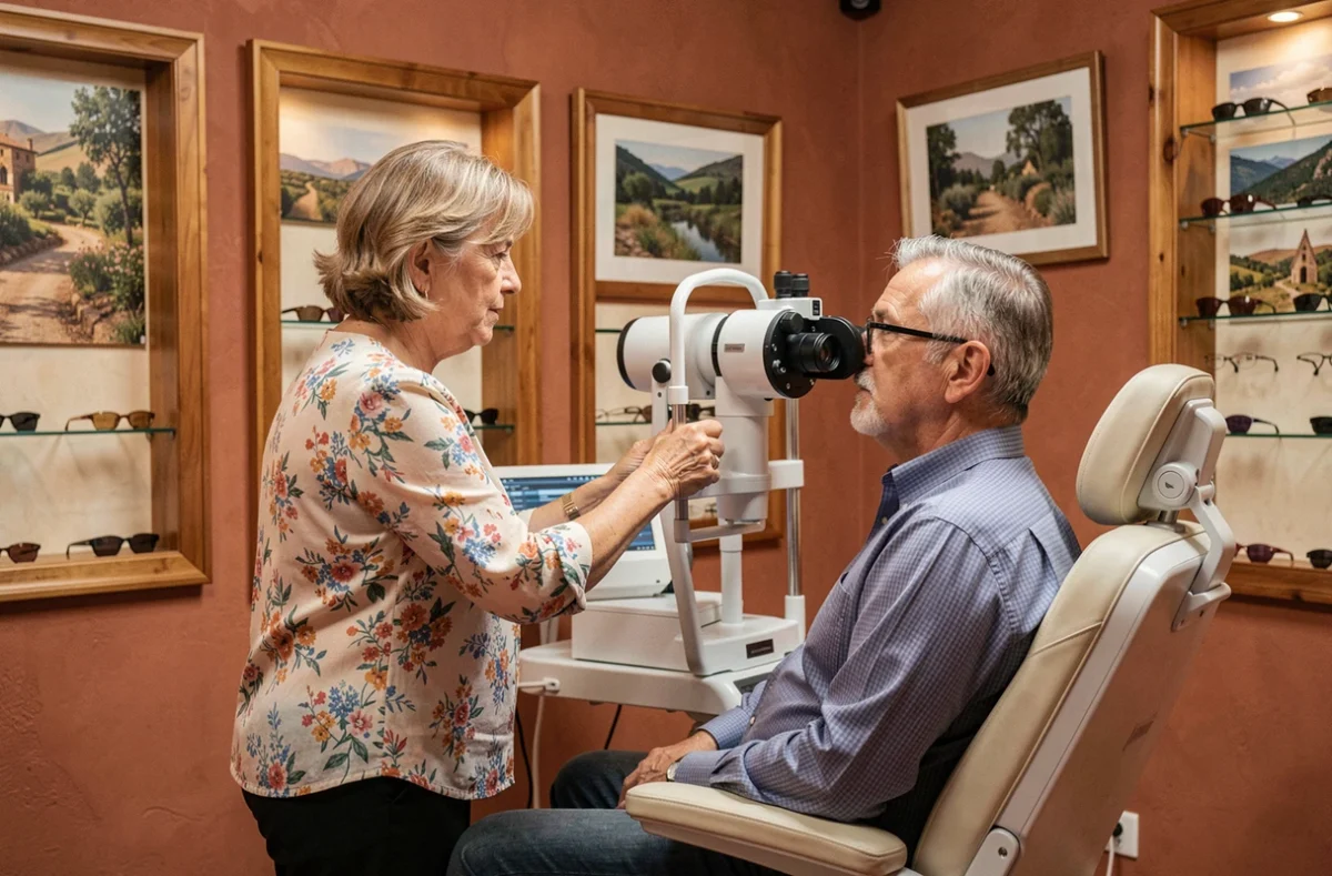 Opticienne d'Optique Sud Ouest réalisant un examen de vue avec un phoropteur numérique dans un cabinet aux teintes chaleureuses