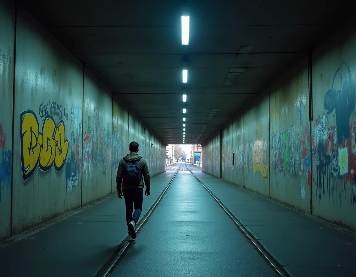 Passage souterrain sous une ligne de tramway dans le quartier du Mirail à Toulouse au crépuscule, homme marchant seul dans un couloir en béton tagué