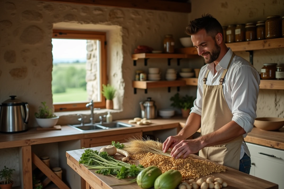 Homme triant des récoltes agricoles dans une cuisine rustique évoquant le métier de paysan dans un MMORPG