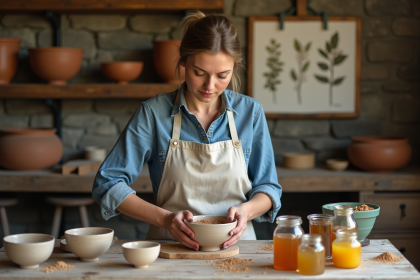 Femme mélangeant pigments naturels dans un atelier artisanal