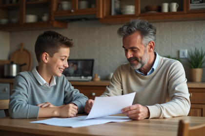 Père et fils souriants en train de revoir des documents scolaires dans la cuisine