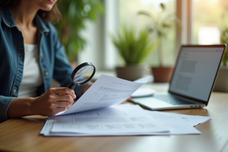 Personne examinant des documents avec loupe dans un bureau lumineux