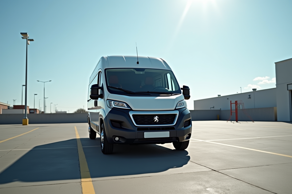Véhicule Peugeot Boxer vu de face en parking vide
