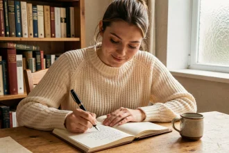 Jeune femme écrivant des rimes dans un carnet de poésie à son bureau en bois, entourée de livres de littérature française