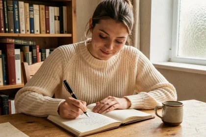 Jeune femme écrivant des rimes dans un carnet de poésie à son bureau en bois, entourée de livres de littérature française