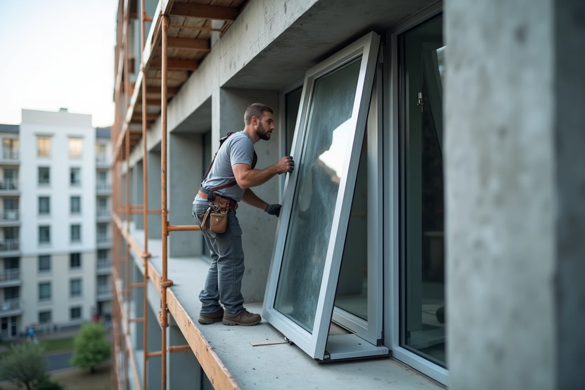 Pose d'un cadre de fenêtre en aluminium avec barreaux structurels sur la façade d'un bâtiment résidentiel moderne en construction