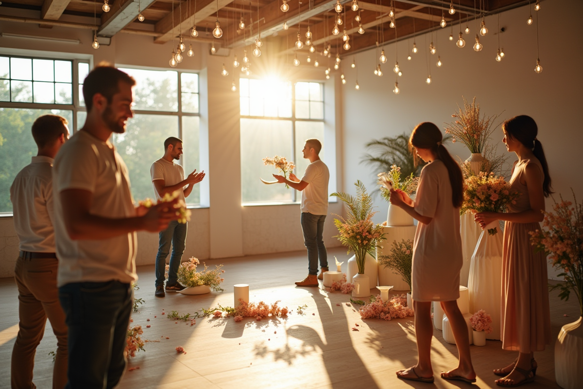Groupe de personnes préparant la décoration dans une salle lumineuse