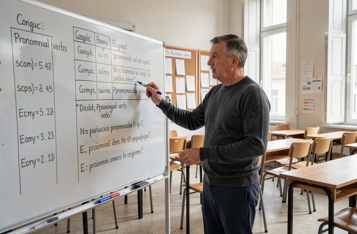 Professeur de français expliquant des constructions grammaticales au tableau blanc dans une salle de classe