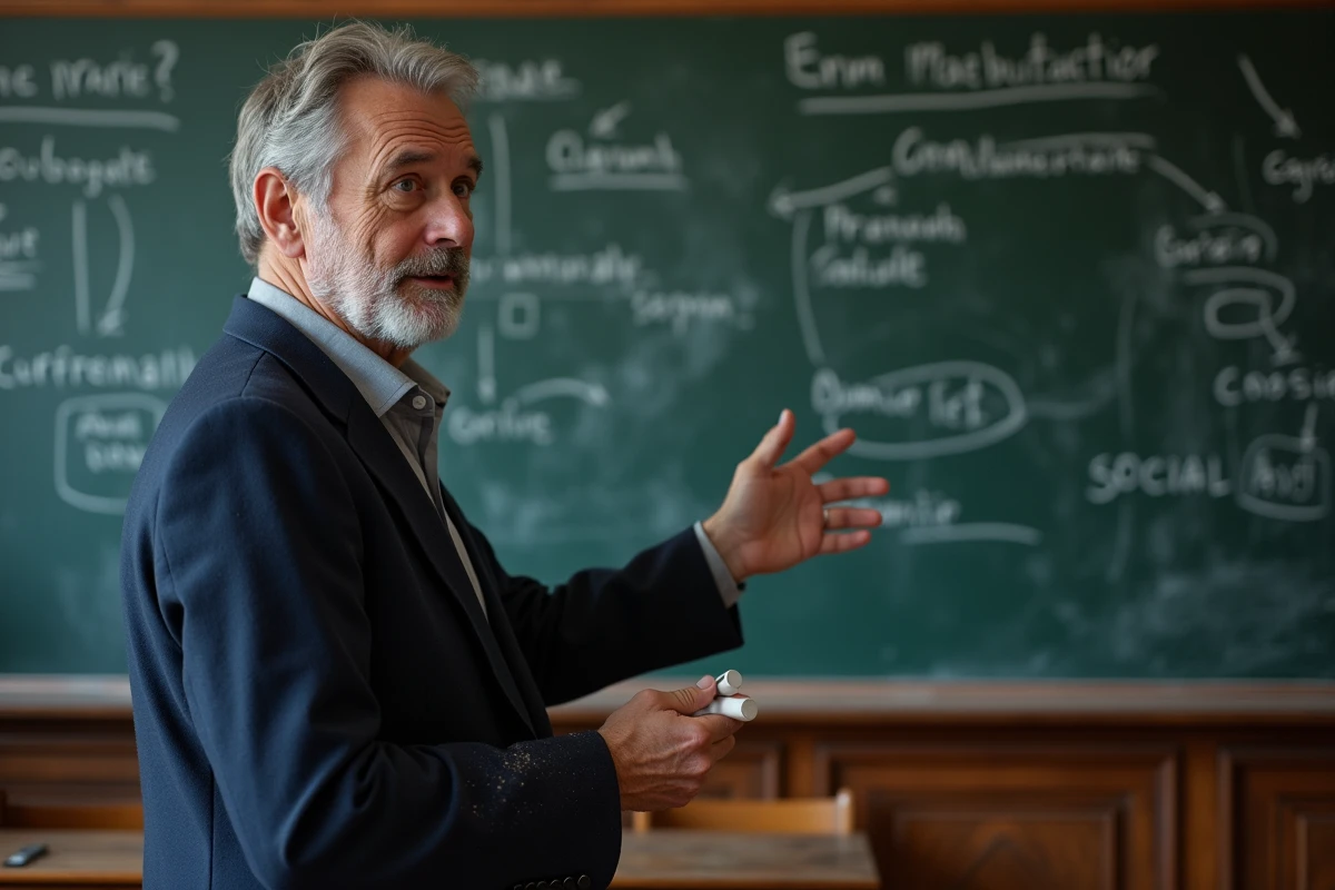 Professeur de sociologie devant un tableau avec des définitions du fait social écrites à la craie