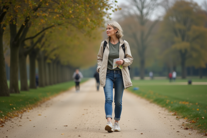 Femme marche dans le bois de Boulogne avec carte