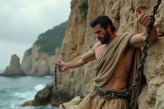 Homme enchaîné à une falaise rocheuse représentant Prométhée puni par Zeus dans la mythologie grecque