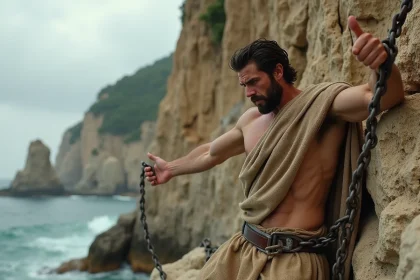 Homme enchaîné à une falaise rocheuse représentant Prométhée puni par Zeus dans la mythologie grecque