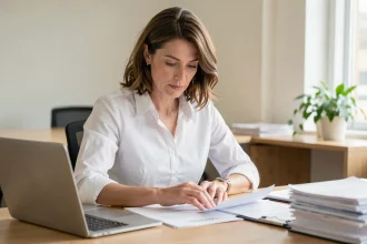 Femme consultant des documents officiels pour une publication au Journal Officiel des associations en 2026