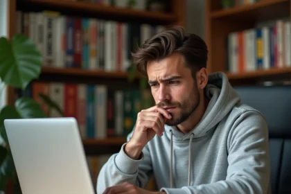 Jeune homme frustré cherchant un manhwa en ligne sur son ordinateur portable dans un bureau à domicile