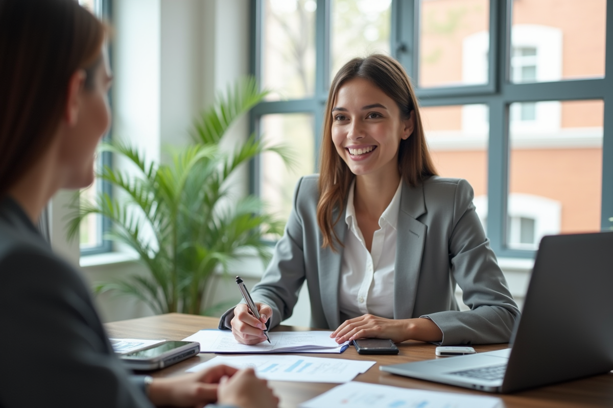 Jeune professionnel rencontre agent immobilier dans un bureau lumineux