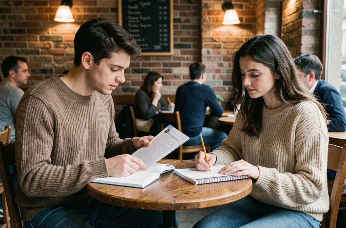 Deux jeunes adultes révisant ensemble des constructions grammaticales françaises dans un café avec un cahier de grammaire