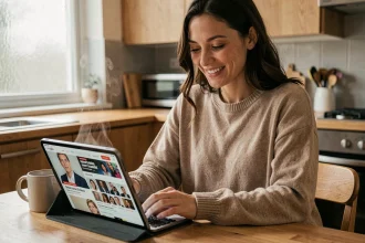 Femme consultant l'actualité people sur tablette le matin dans une cuisine moderne avec café