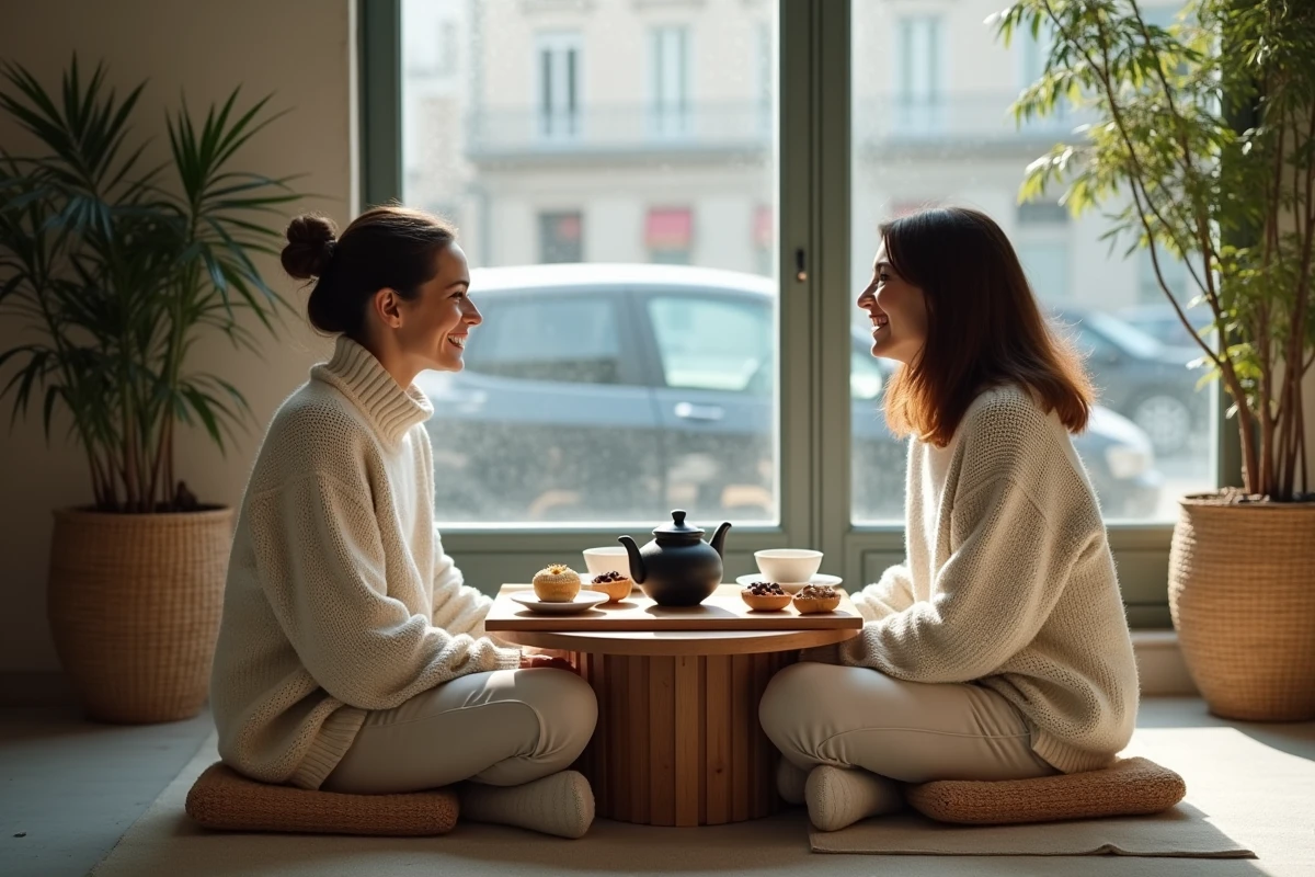 Deux amies partageant une pause thé dans un salon cocooning de Lyon un dimanche d'hiver