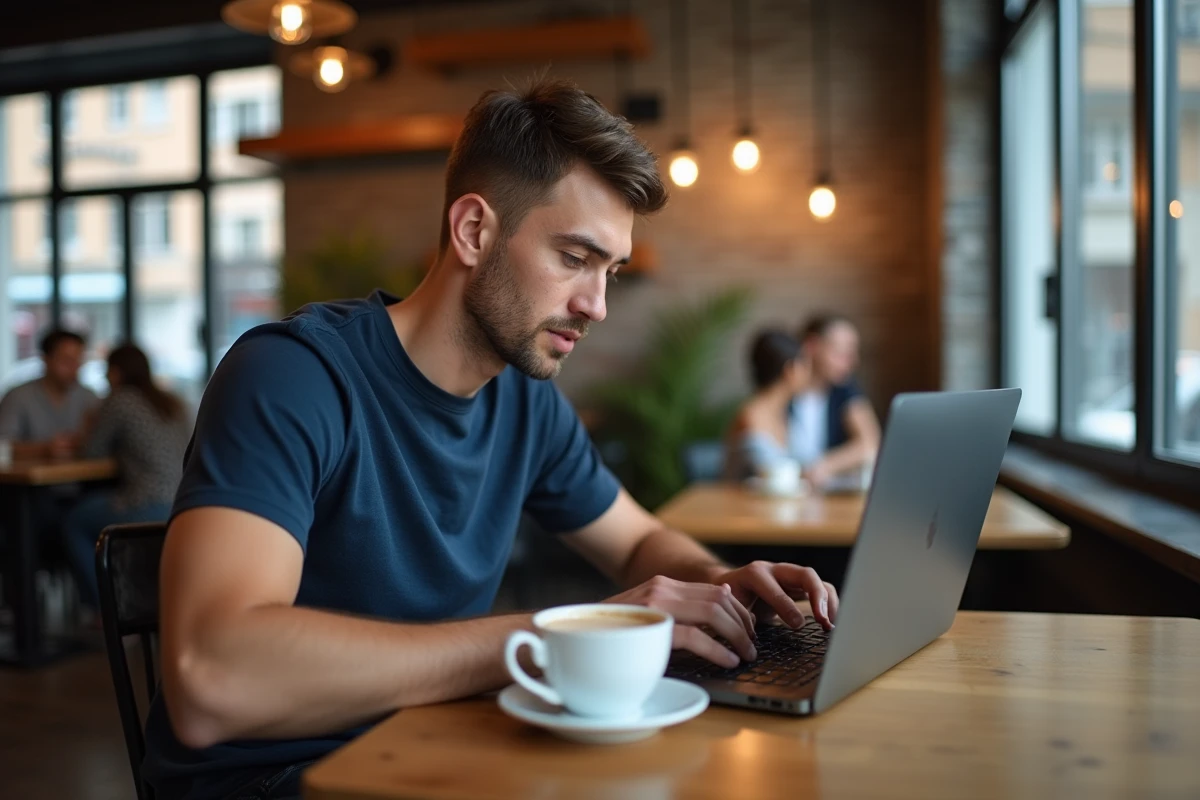 Homme lisant un scan manga Just Friend sur un ordinateur portable dans un café moderne