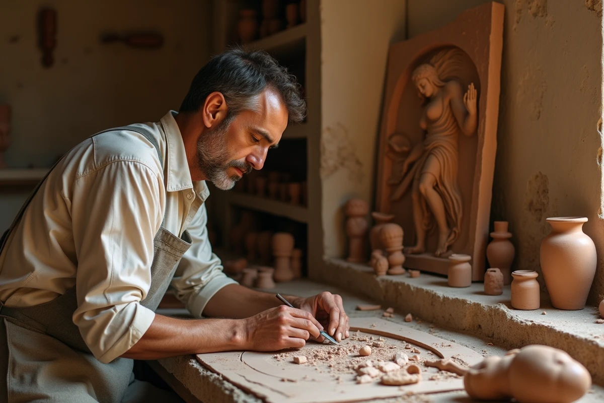 Sculpteur travaillant un bas-relief représentant le mythe de Prométhée apportant le feu aux humains