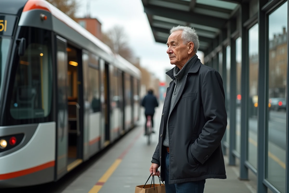 Homme age attendant le tram dans une station urbaine