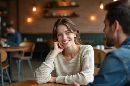 Femme souriante posant sa main sur celle de son partenaire dans un café, signe d'affection amoureuse