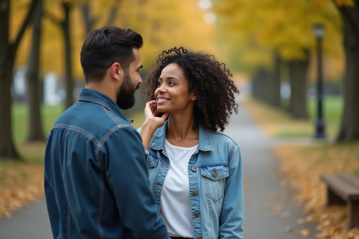 Femme regardant son partenaire avec tendresse dans un parc en automne, signaux amoureux non verbaux