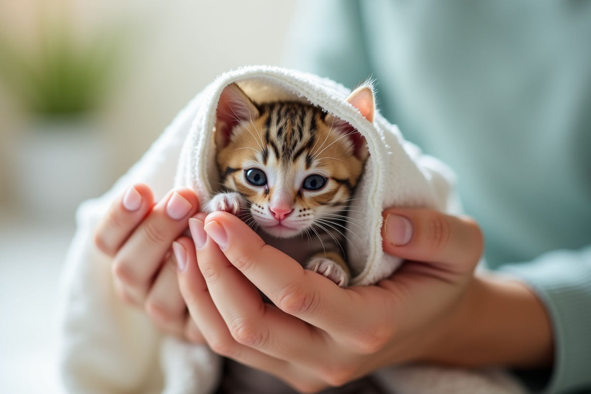 Gros plan sur mains tenant chaton malade dans un linge