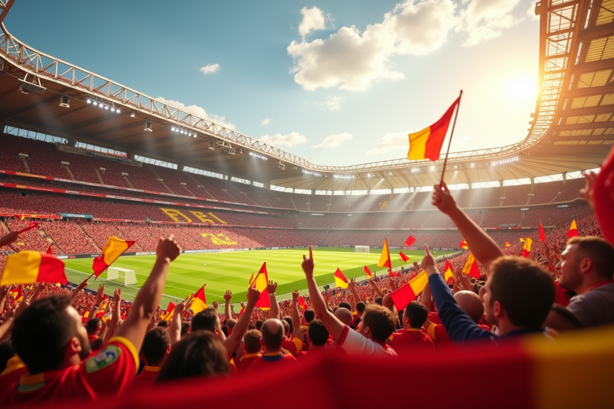 Stade rempli lors d'un match de Lens supporters en rouge et jaune