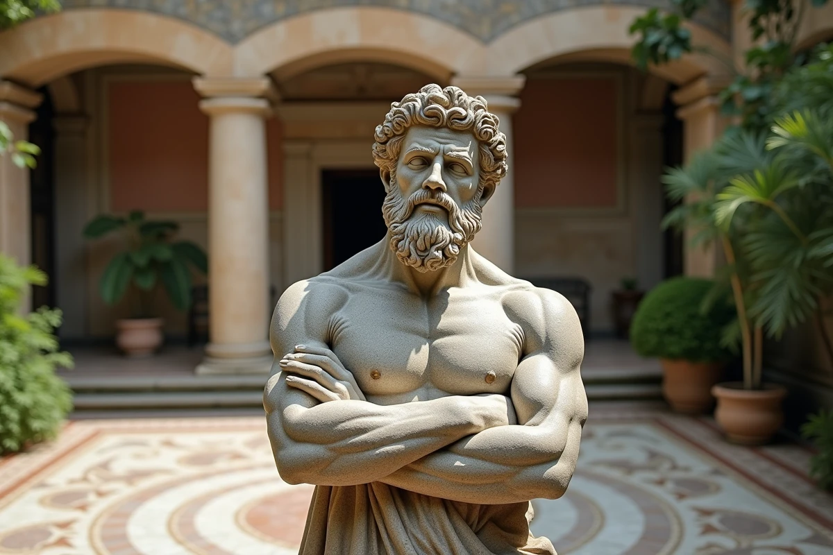 Statue de Vulcain dans une cour romaine avec mosa&iuml;que et colonnes