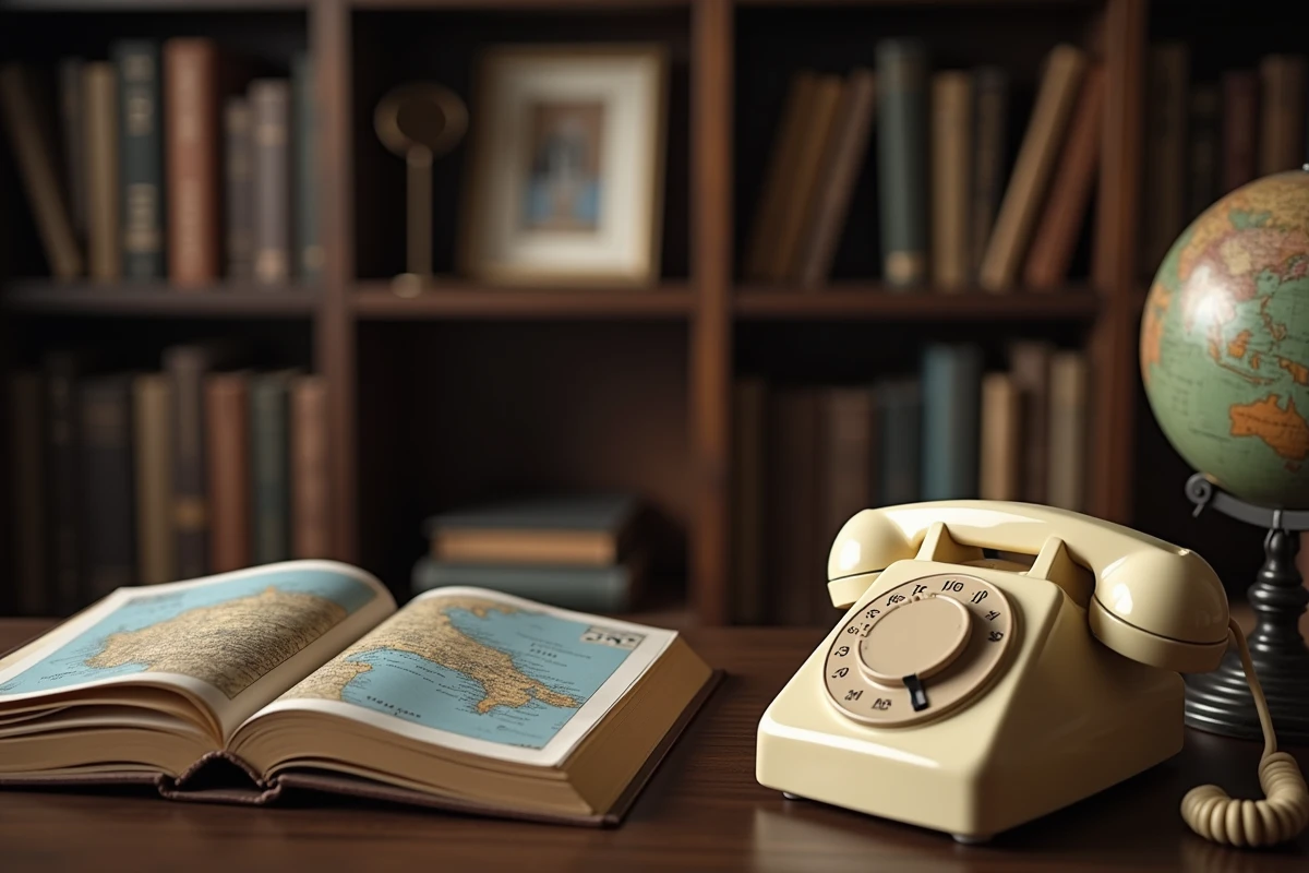 Téléphone vintage et guide de voyage ouvert sur une carte de la Grèce avec une note manuscrite de l'indicatif +30
