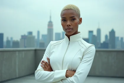 Femme guerrière au style inspiré de Tia Halibel, posant avec assurance sur un toit urbain, veste blanche structurée et cheveux blonds courts