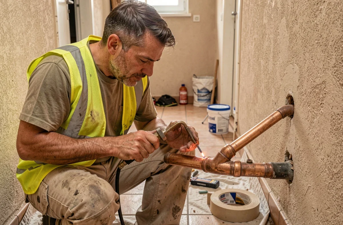Plombier de Travaux Pas Cher By Eleec Services en gilet jaune soudant un joint en cuivre dans un couloir résidentiel à Montreuil