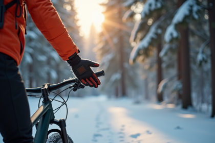 Vélotrotteur ajustant ses gants chauffants dans la neige