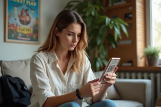Jeune femme vérifiant l'authenticité d'un billet de festival Vieilles Charrues avec son smartphone