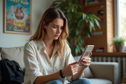 Jeune femme vérifiant l'authenticité d'un billet de festival Vieilles Charrues avec son smartphone