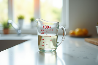 Verre mesureur rempli à 100 cl sur plan de cuisine lumineux