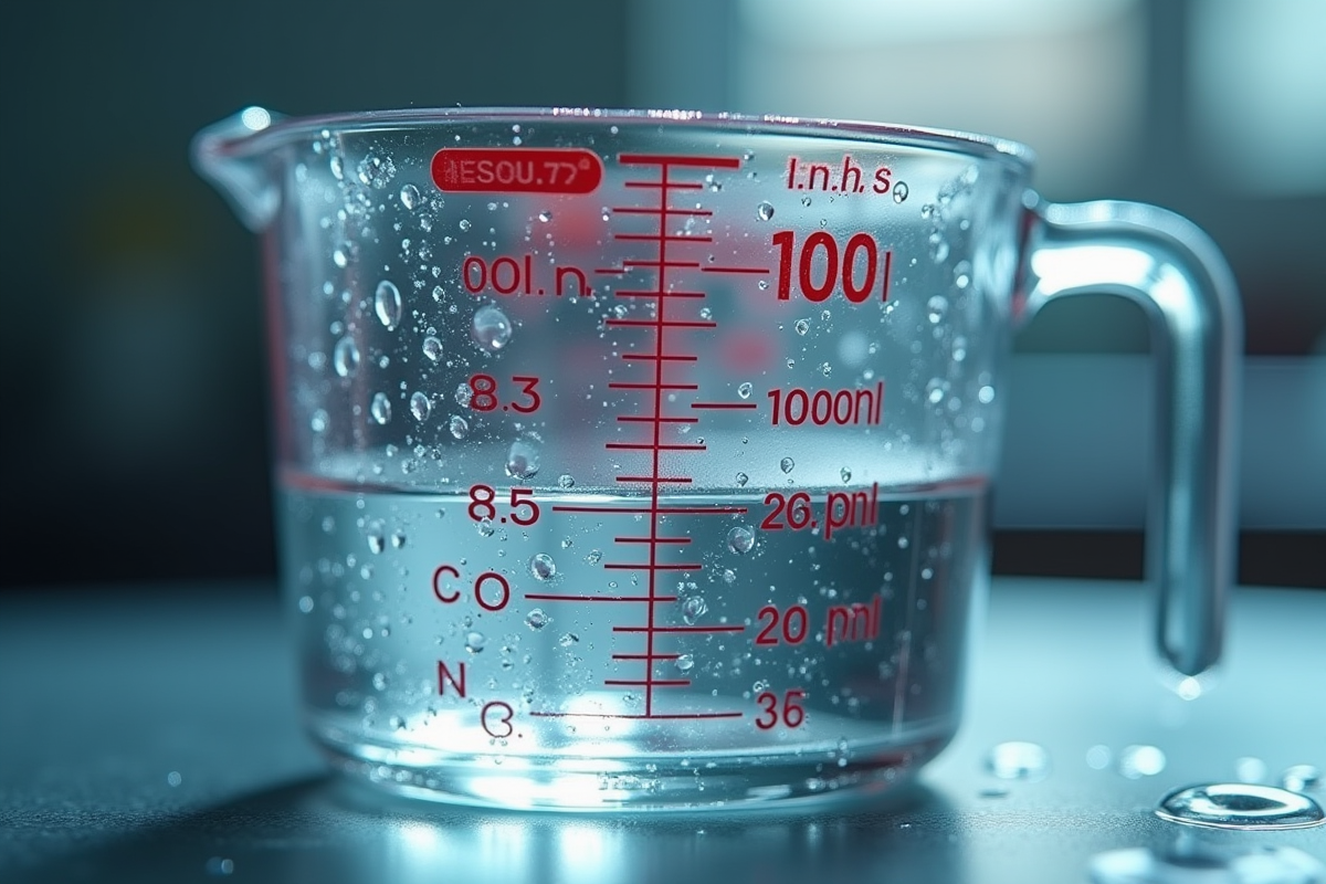 Zoom sur un verre mesureur avec eau et marques visibles
